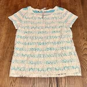 NWT Lauren Conrad Cream White & Seafoam Green Stripe Lace Short Sleeve Top LARGE